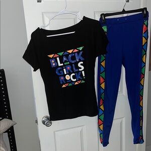 Black Graphic Tee and Blue Leggings Set